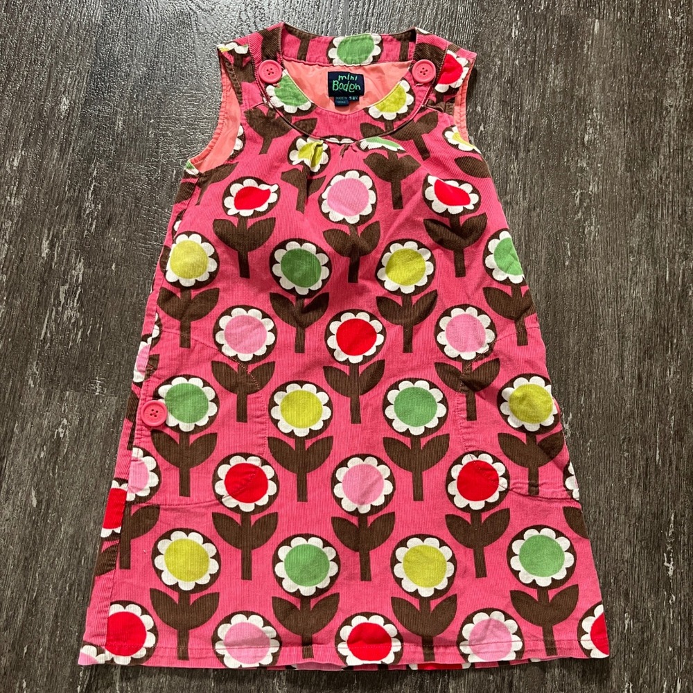 Mini Boden Dress Girl's Pink Corduroy Floral Print Button Up Casual Outfit 7/8